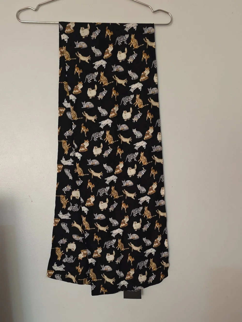 100% Silk Nicole Miller Black Scarf with Gold and Cream Cat Motif